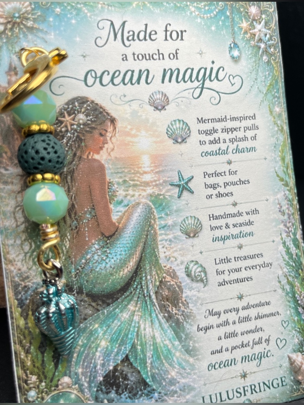 Artisan Aqua Teal Mermaid Zipper Pull with Gold Accents